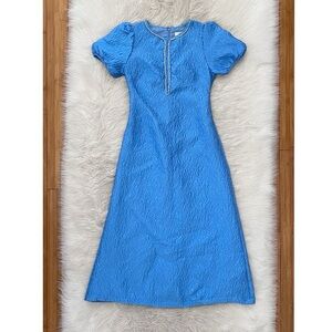 Sister Jane Blue Reef Jacquard Cloqué Midi Dress Rhinestone Trim Keyhole Front